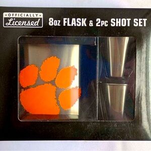 Clemson 8 oz flask set with 2 metal shot glasses